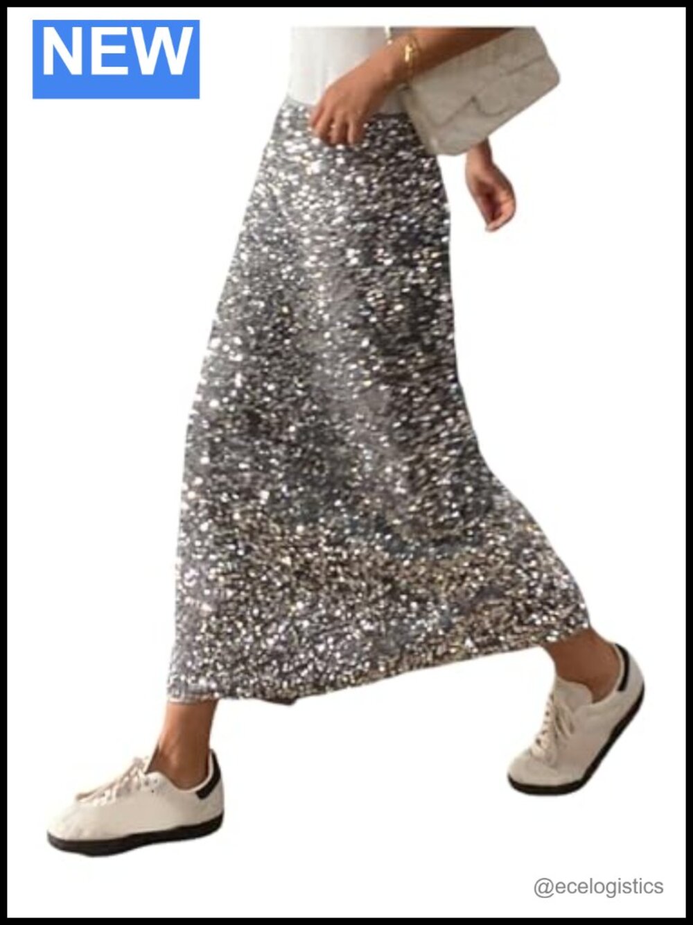 Sequin Long Skirt Night Out Stretchy Party Glitter Slit Back